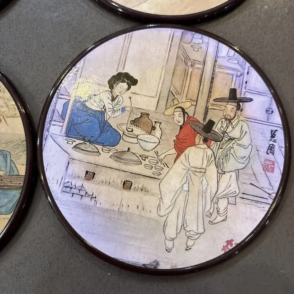 Six Korean Coaster Set With Sin Yun Bok Art Detailed Korean Scenes Laminate Cork